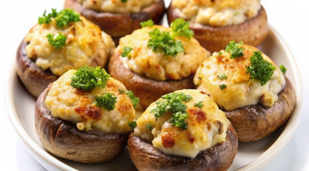 Грибы запеченные под сыром с фаршем куриным