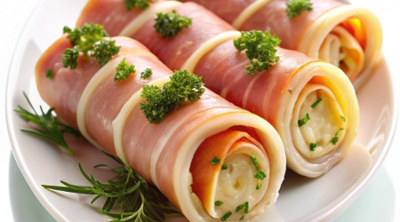 Рулетики из ветчины с сырной начинкой чесноком и зеленью.